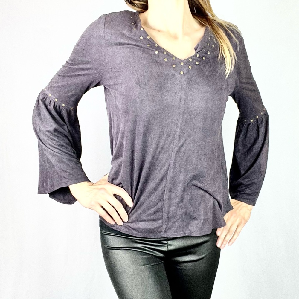 STYLE & CO |💜Dark Raisin Purple Faux Suede Bell Sleeves V-Neck Boho Blouse Top